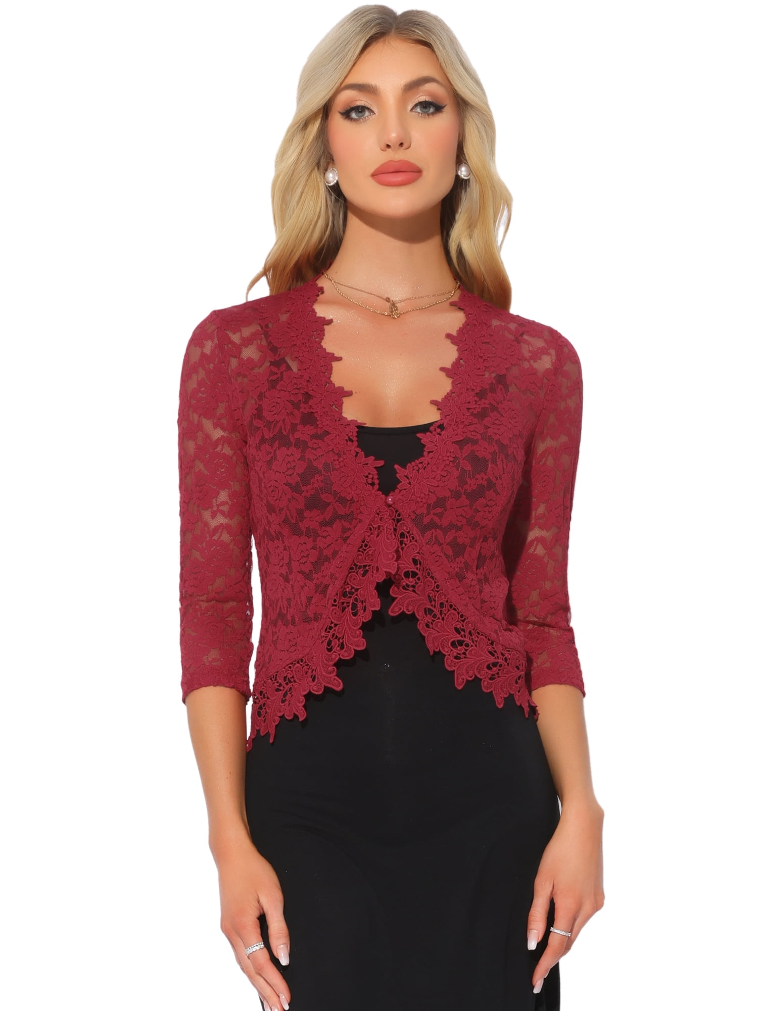 DARING DIVA Women's Floral Lace Shrugs Evening 3/4 Sleeves Formal Bolero Cardigan XL Dark Red