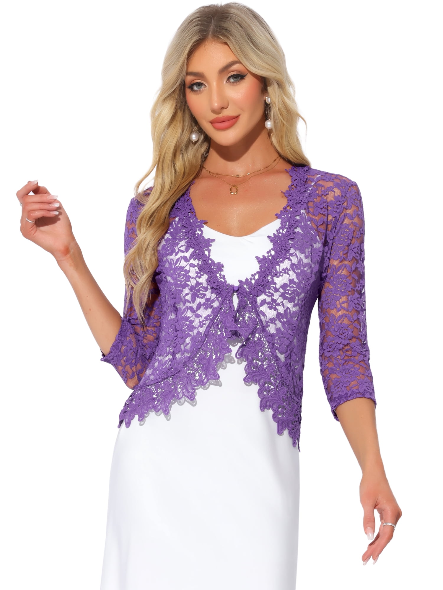 DARING DIVA Women's Floral Lace Shrugs Evening 3/4 Sleeves Formal Bolero Cardigan XL Purple