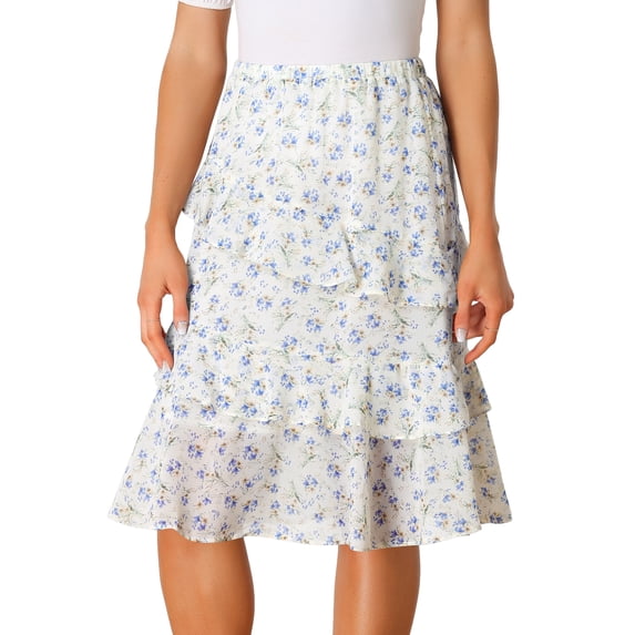 DARING DIVA Women's Floral Layered Elastic Waist Chiffon Ruffle Midi Skirt S Beige