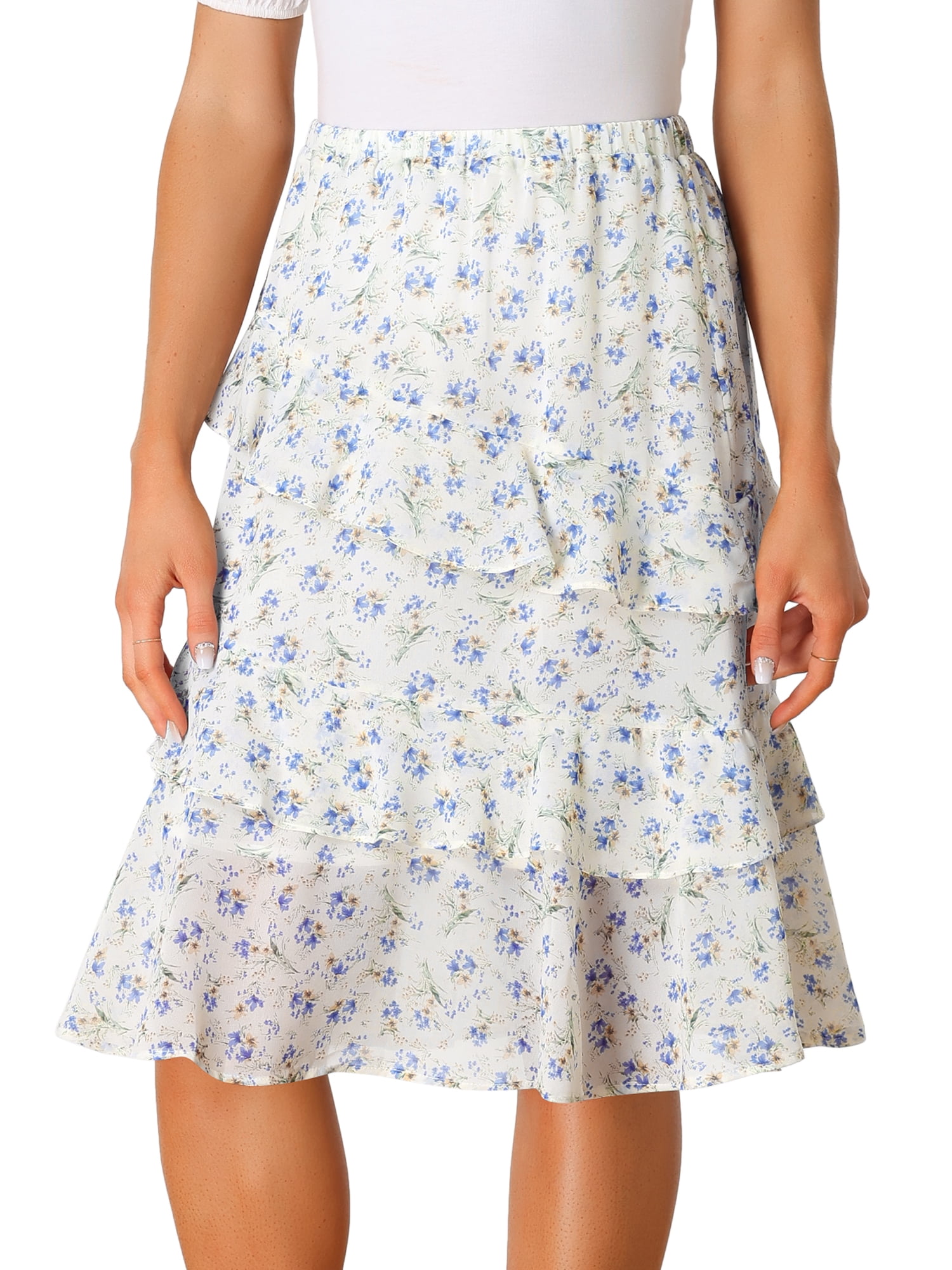 DARING DIVA Women's Floral Layered Elastic Waist Chiffon Ruffle Midi Skirt XS Beige