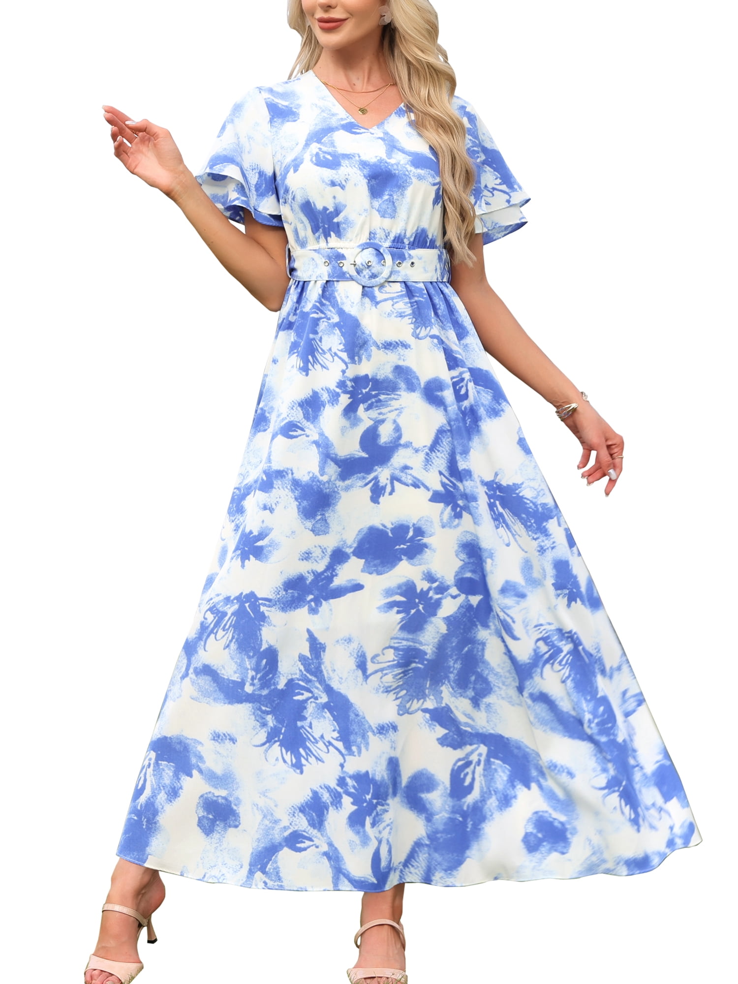 DARING DIVA Women's Floral Maxi Short Sleeve V Neck Boho Long Dresses XS Blue