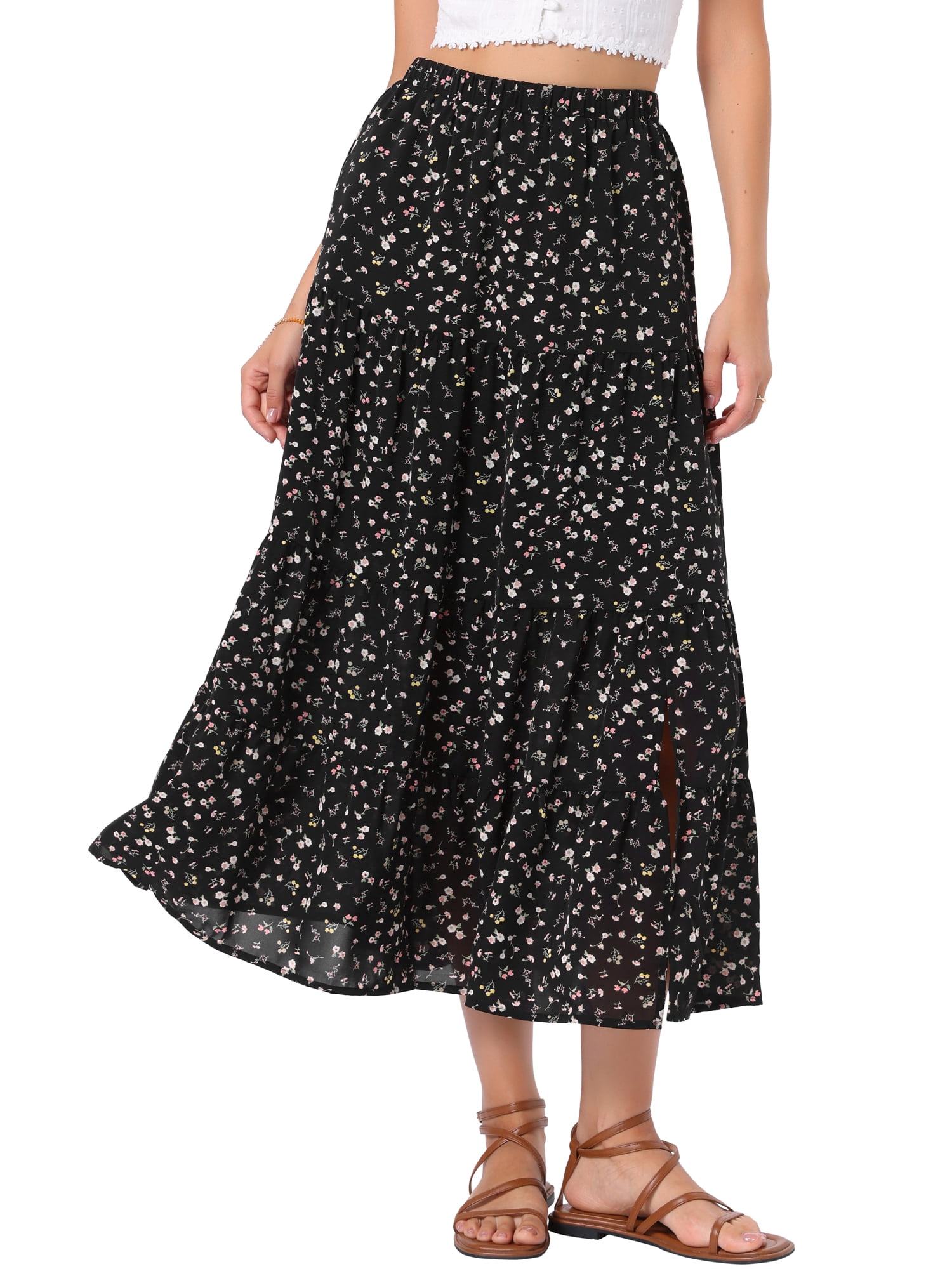 DARING DIVA Women's Floral Maxi Skirt Elastic High Waist A Line Skirts Small Black