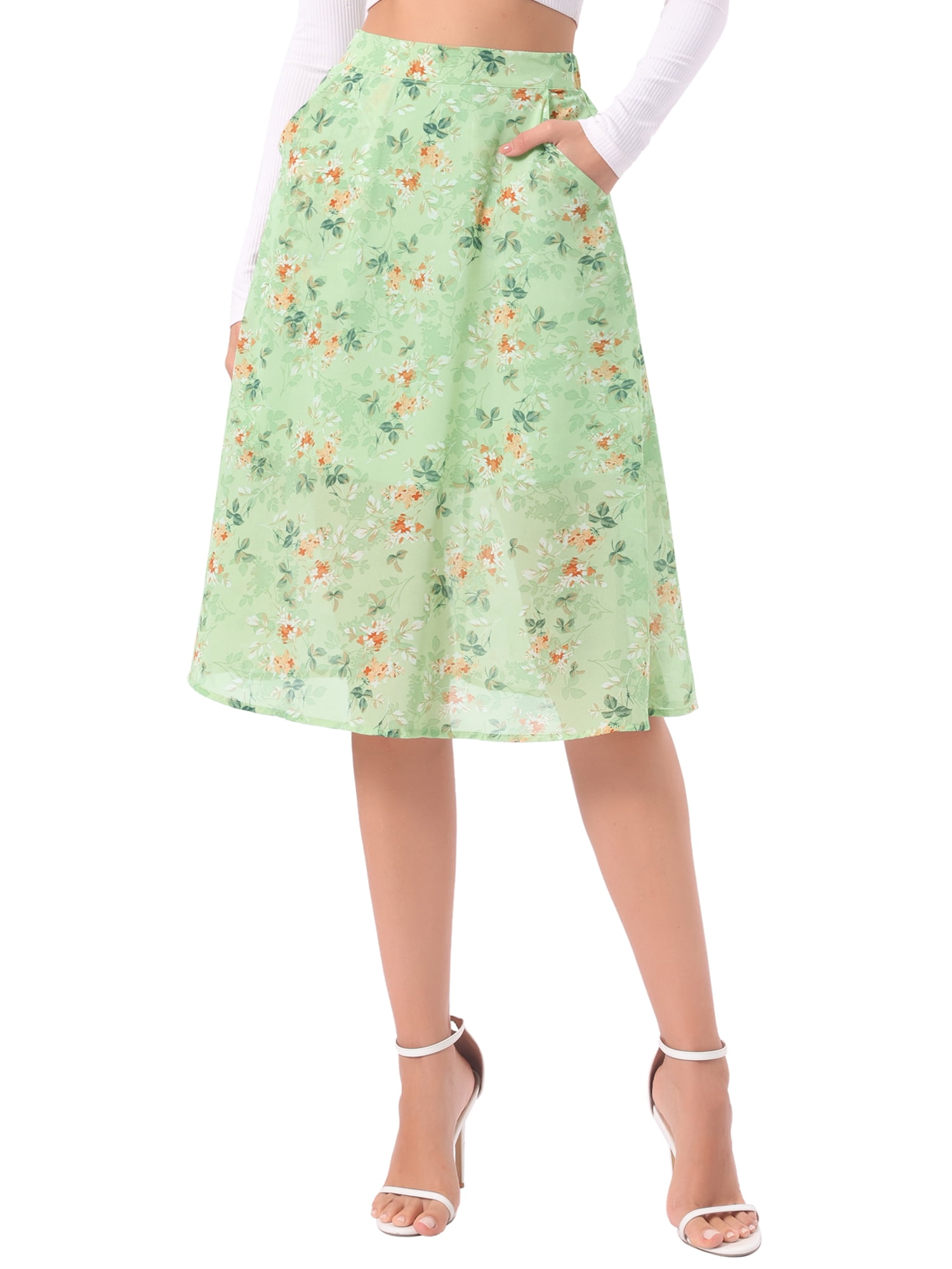 DARING DIVA Women's Floral Midi A-Line Chiffon High Waisted Skirt XL Green Orange