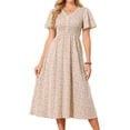 thumbnail image 1 of DARING DIVA Women's Floral Midi Flutter Short Sleeve V Neck Smocked A Line Dress S Apricot, 1 of 6