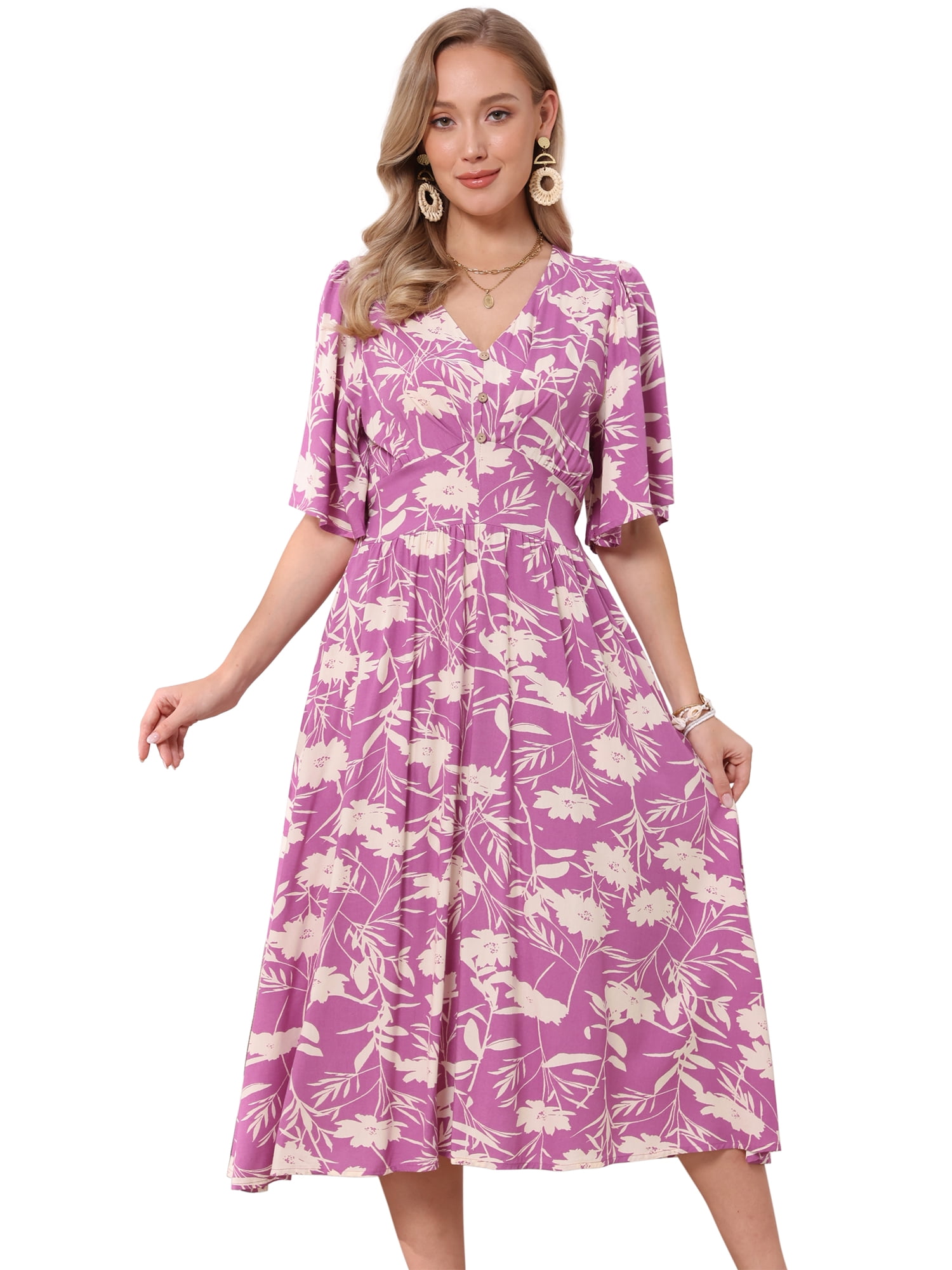 DARING DIVA Women's Floral Midi Flutter Sleeve V Neck Flowy Dresses L Purple