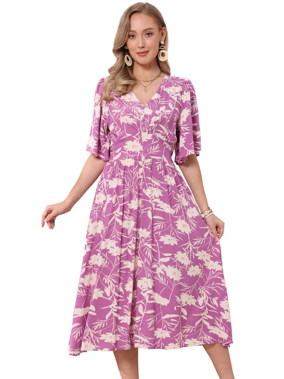Women's Floral Midi Flutter Sleeve V Neck Flowy Dresses M Purple