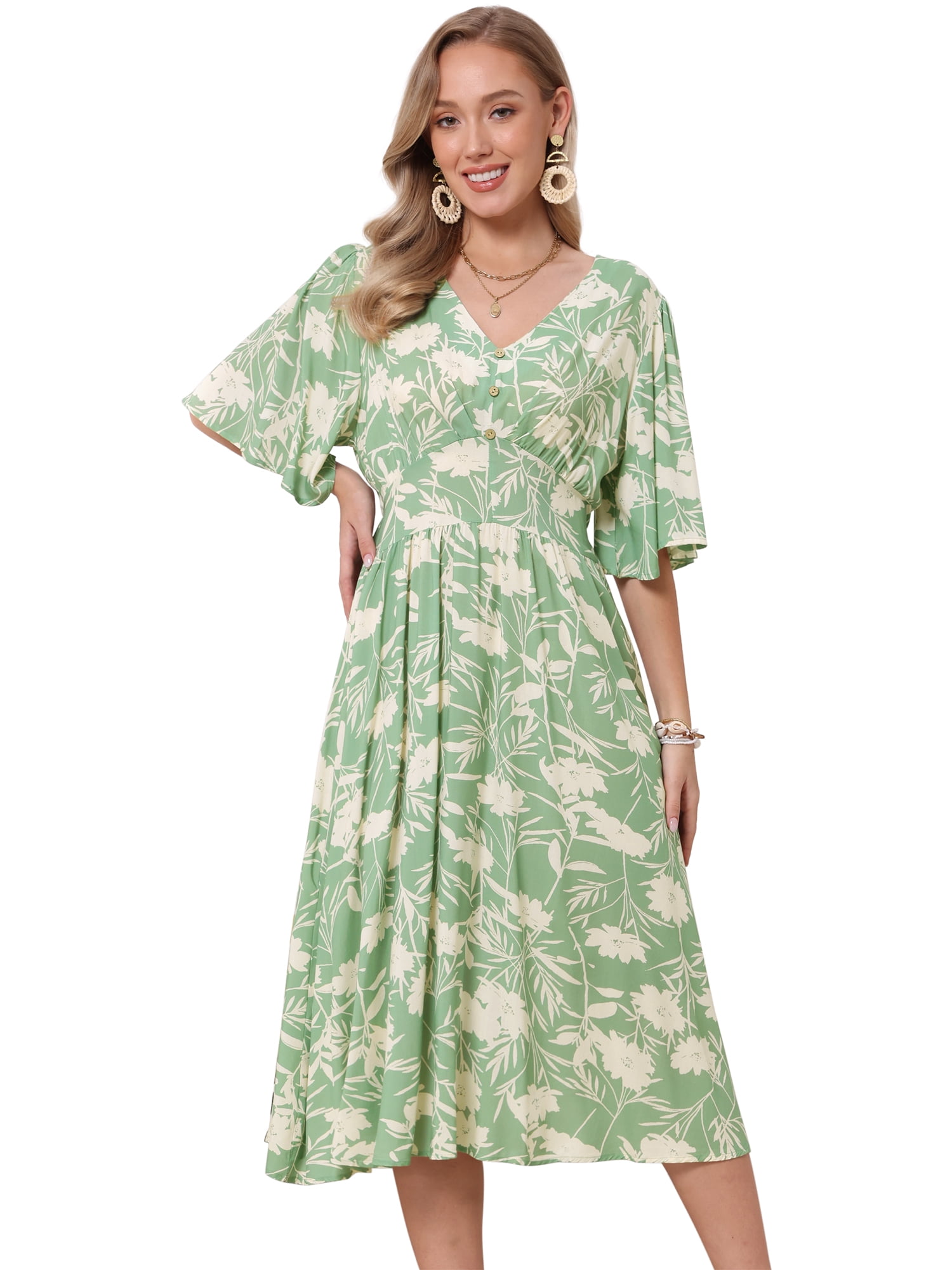 DARING DIVA Women's Floral Midi Flutter Sleeve V Neck Flowy Dresses XL Green