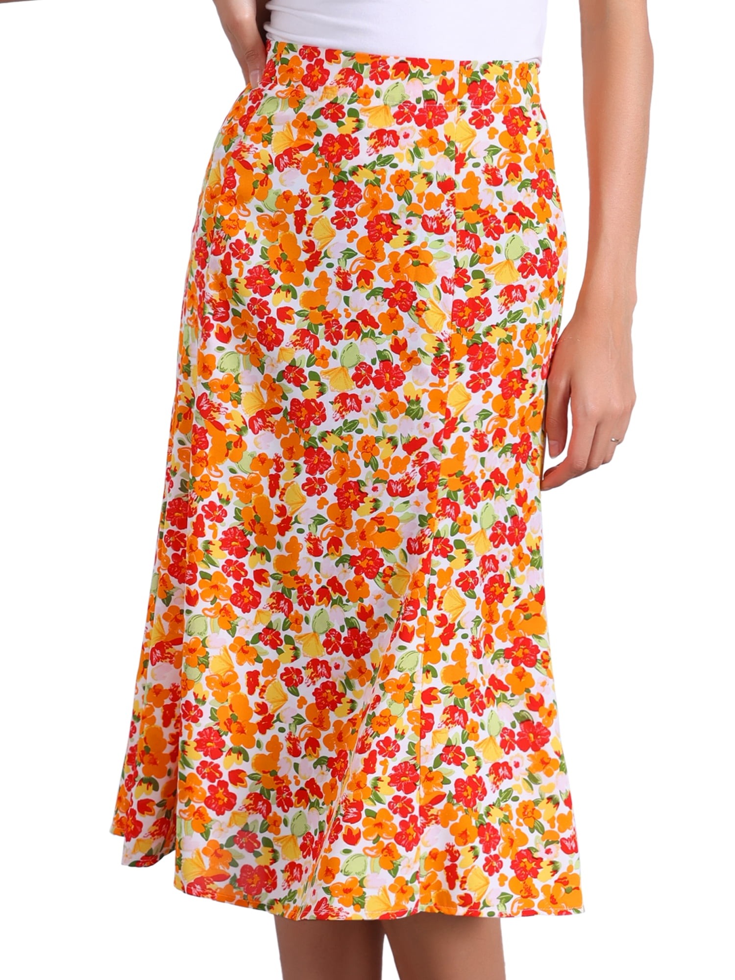DARING DIVA Women's Floral Midi Peasant Elastic Waist A-Line Skirt M Orange Green