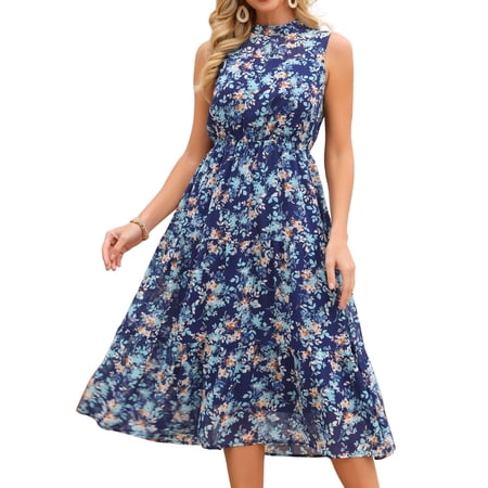 DARING DIVA Women's Floral Mock Neck Tiered Flowy Midi Dress M Navy Blue