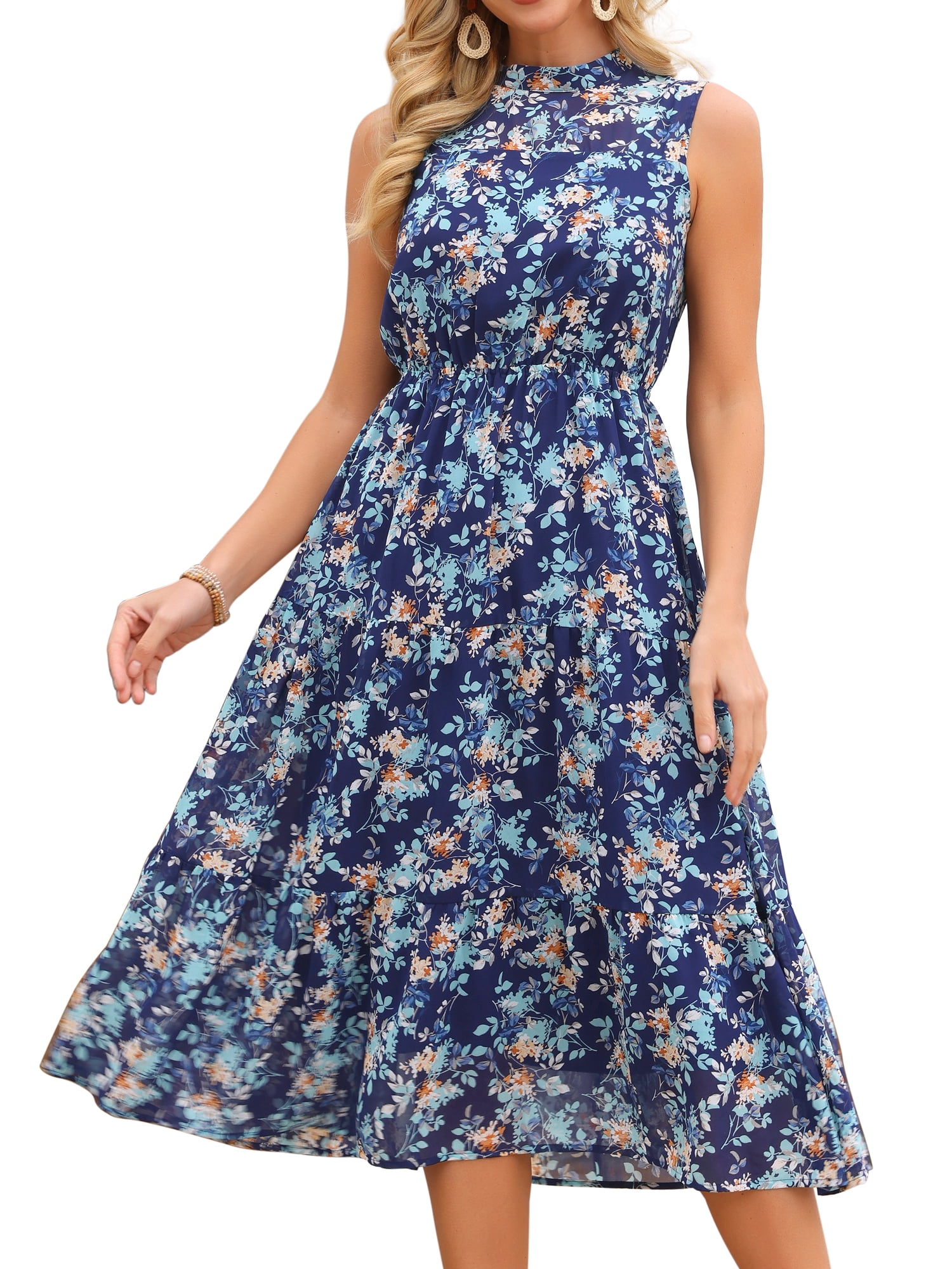 DARING DIVA Women's Floral Mock Neck Tiered Flowy Midi Dress S Navy Blue