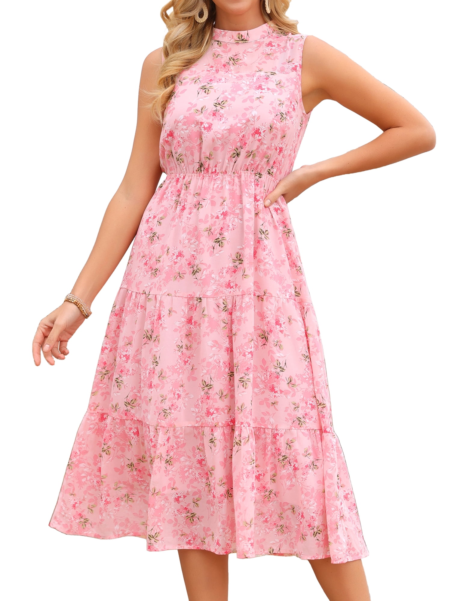 DARING DIVA Women's Floral Mock Neck Tiered Flowy Midi Dress S Pink