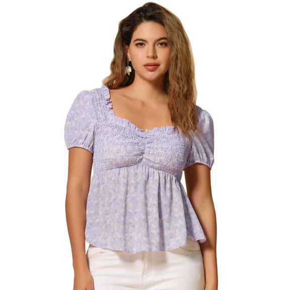 DARING DIVA Women's Floral Neck Ruffle Peasant Top Blouse L Light Purple