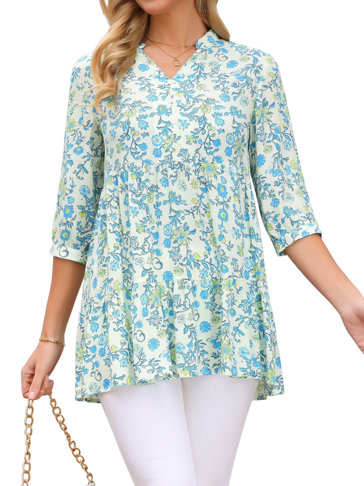 DARING DIVA Women's Floral Notch V Neck 3/4 Sleeve Babydoll Ruffle Tunic Blouse L Beige