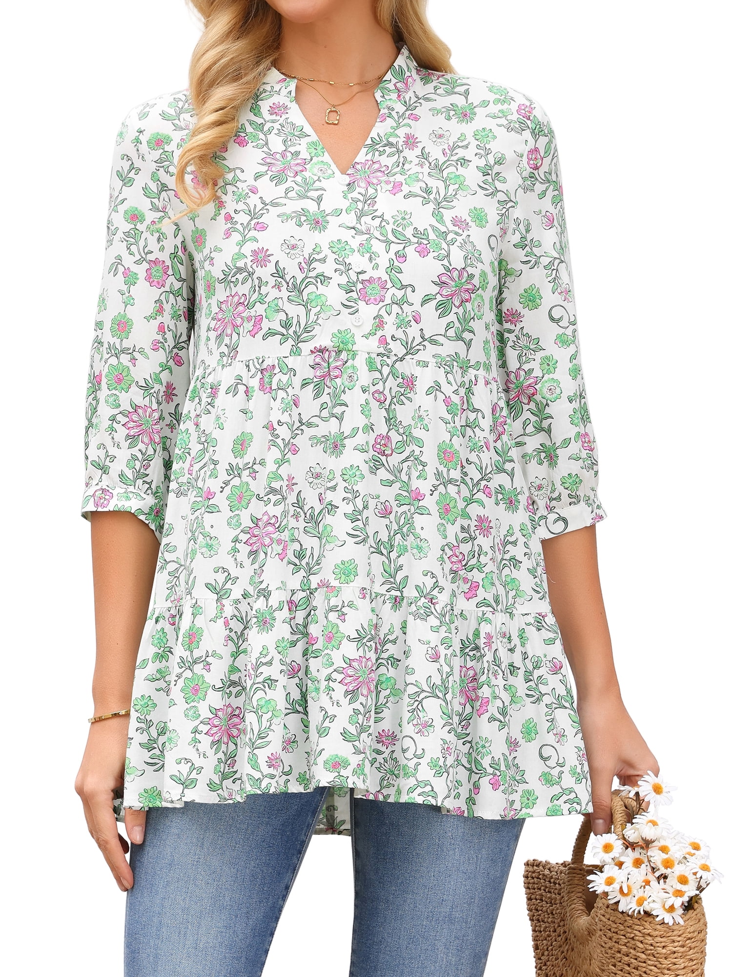DARING DIVA Women's Floral Notch V Neck 3/4 Sleeve Babydoll Ruffle Tunic Blouse XL White