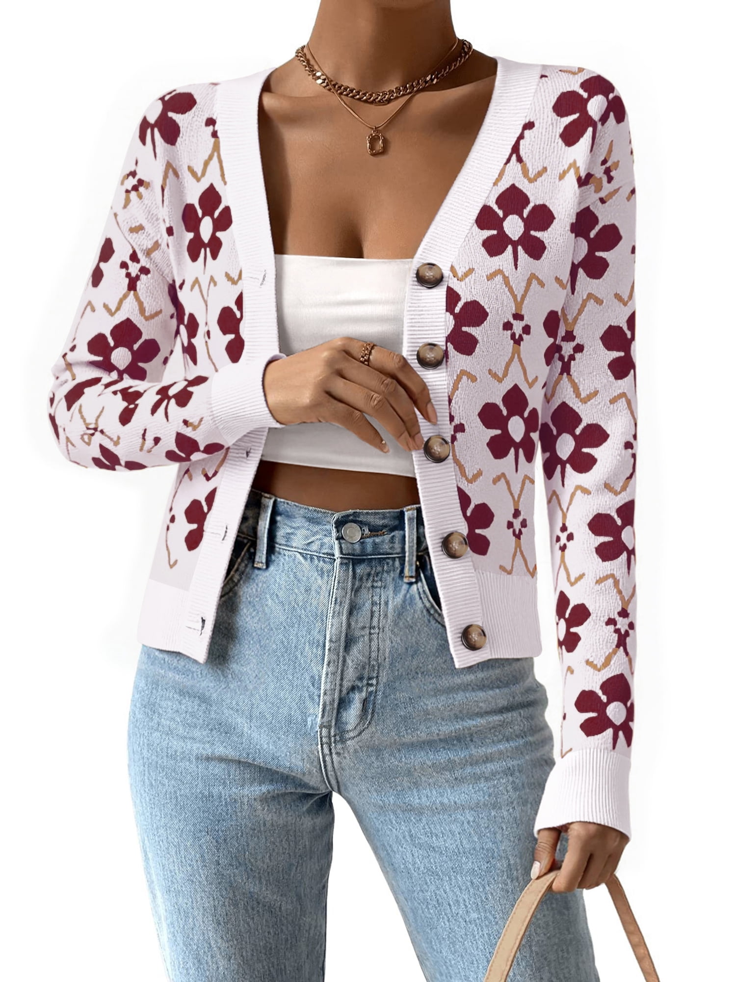 DARING DIVA Women's Floral Open Front V Neck Button Down Long Sleeve XL White