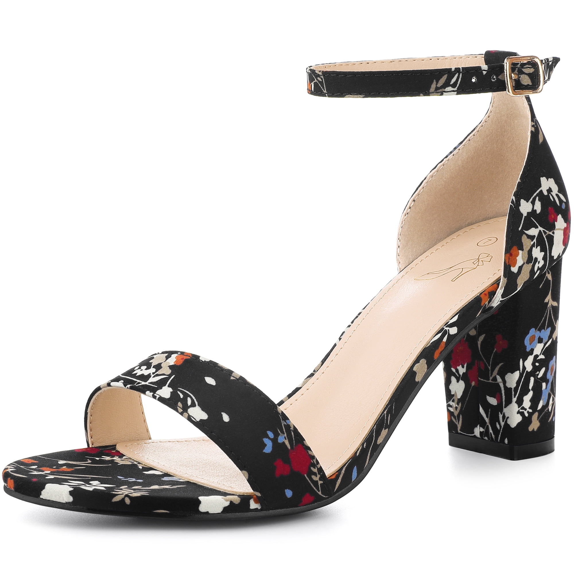 DARING DIVA Women's Floral Open Toe Ankle Strap Chunky Heel Sandals Black 8.5