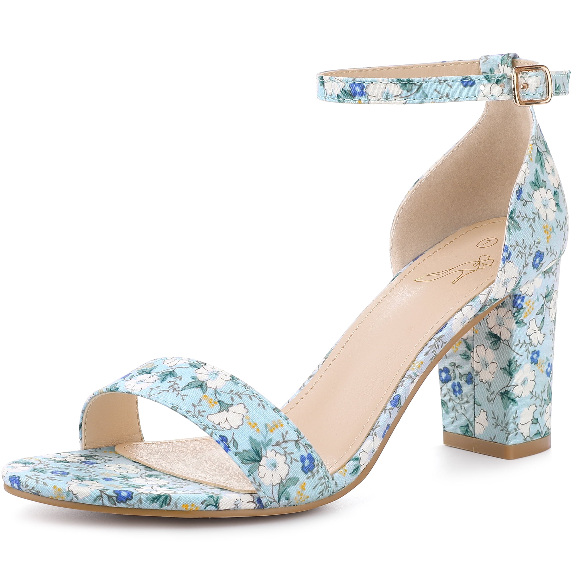 DARING DIVA Women's Floral Open Toe Ankle Strap Chunky Heel Sandals Blue 8