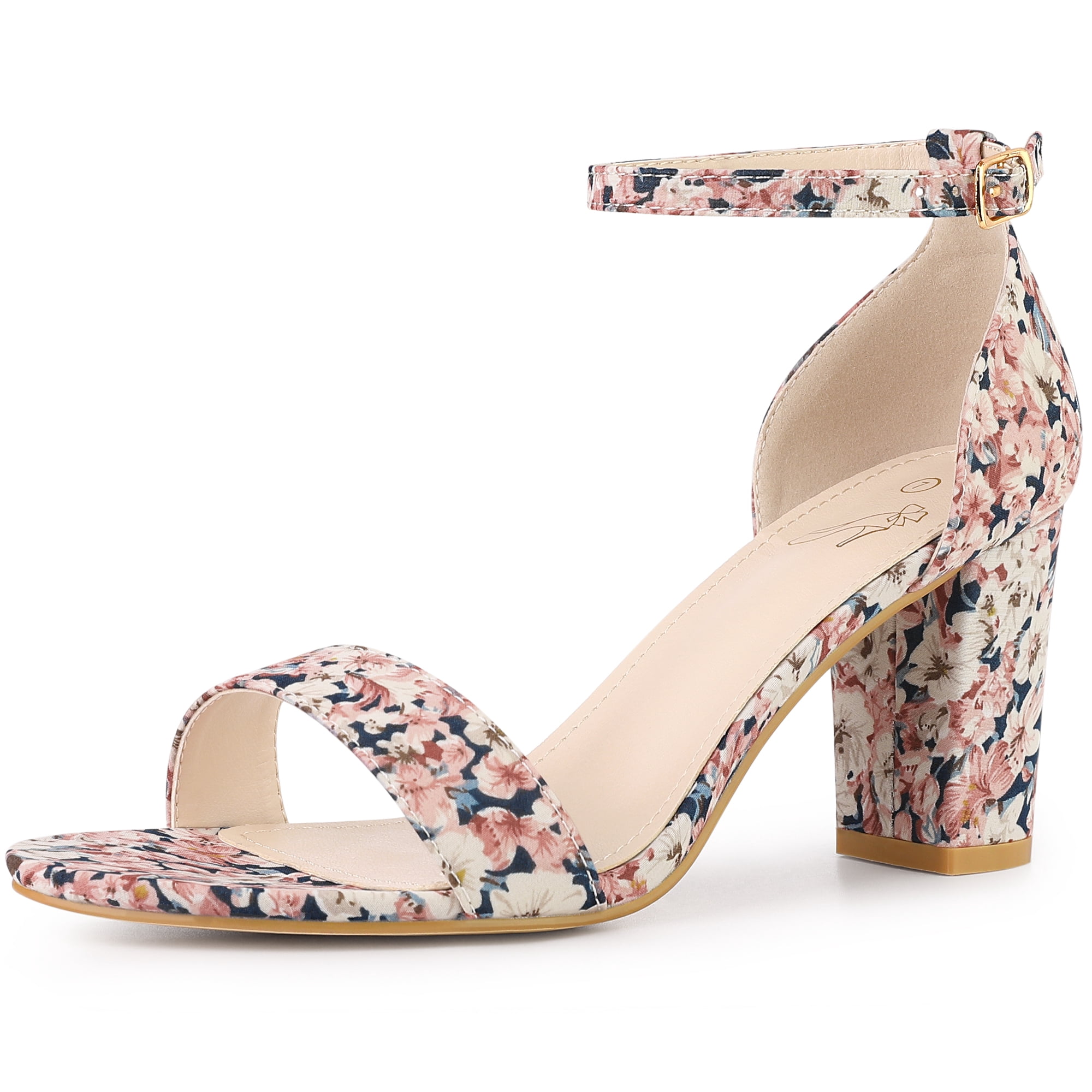 DARING DIVA Women's Floral Open Toe Ankle Strap Chunky Heel Sandals Blue pink Flower 6