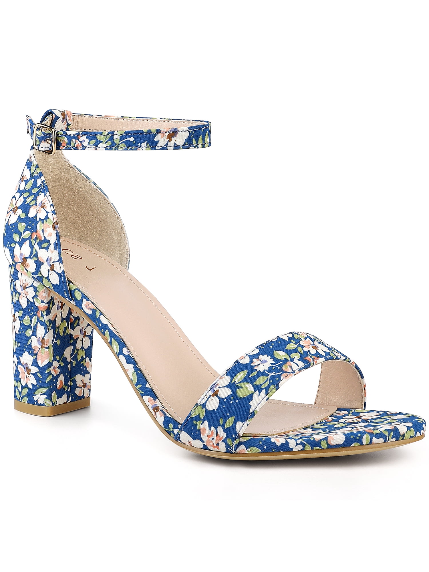 DARING DIVA Women's Floral Open Toe Ankle Strap Chunky Heel Sandals Dark Blue 8.5