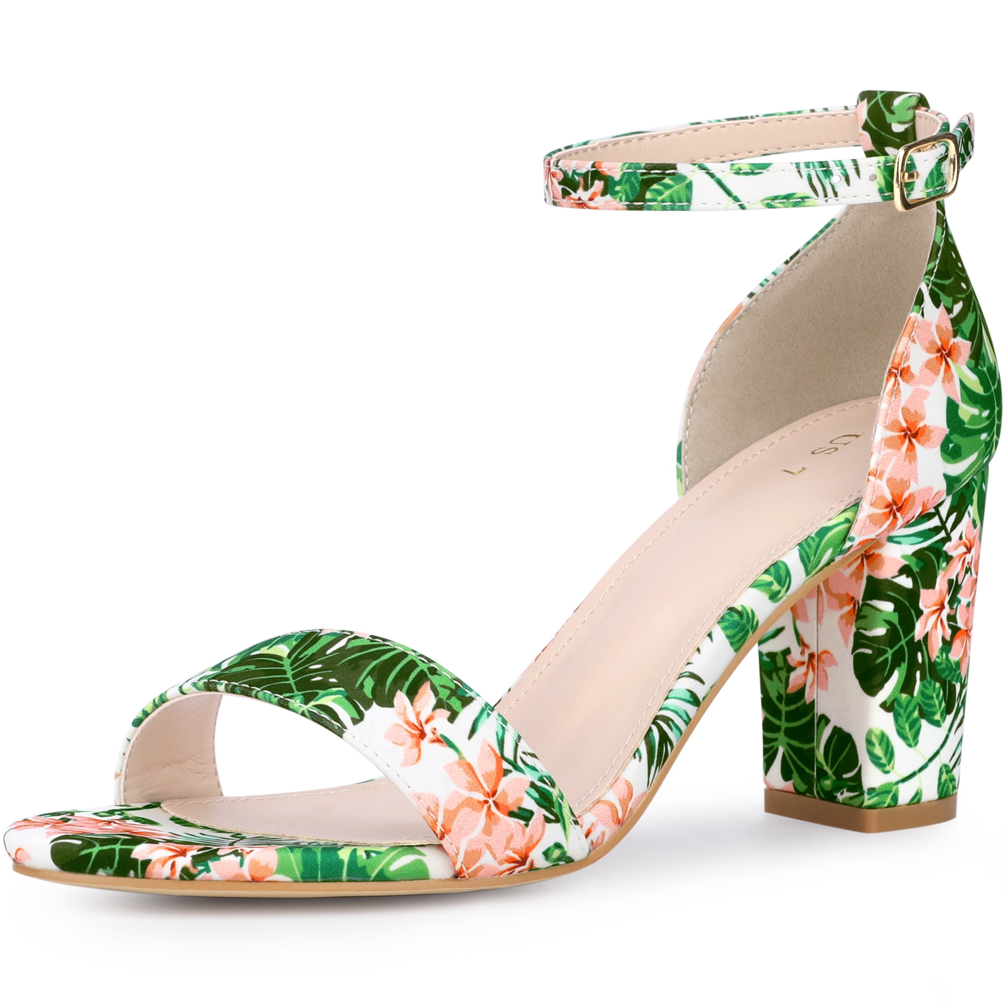 DARING DIVA Women's Floral Open Toe Ankle Strap Chunky Heel Sandals Green 7.5