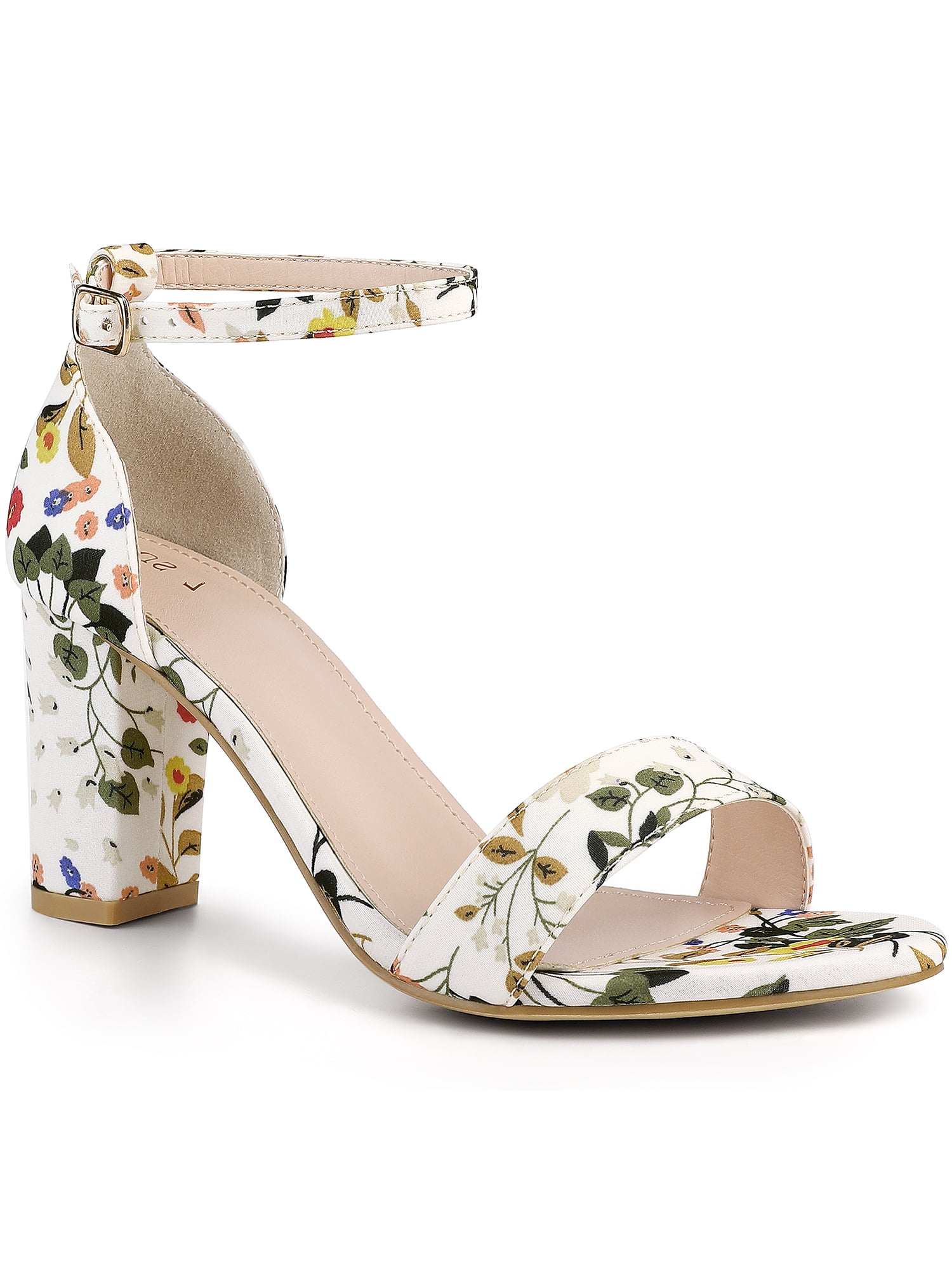 DARING DIVA Women's Floral Open Toe Ankle Strap Chunky Heel Sandals White 8.5