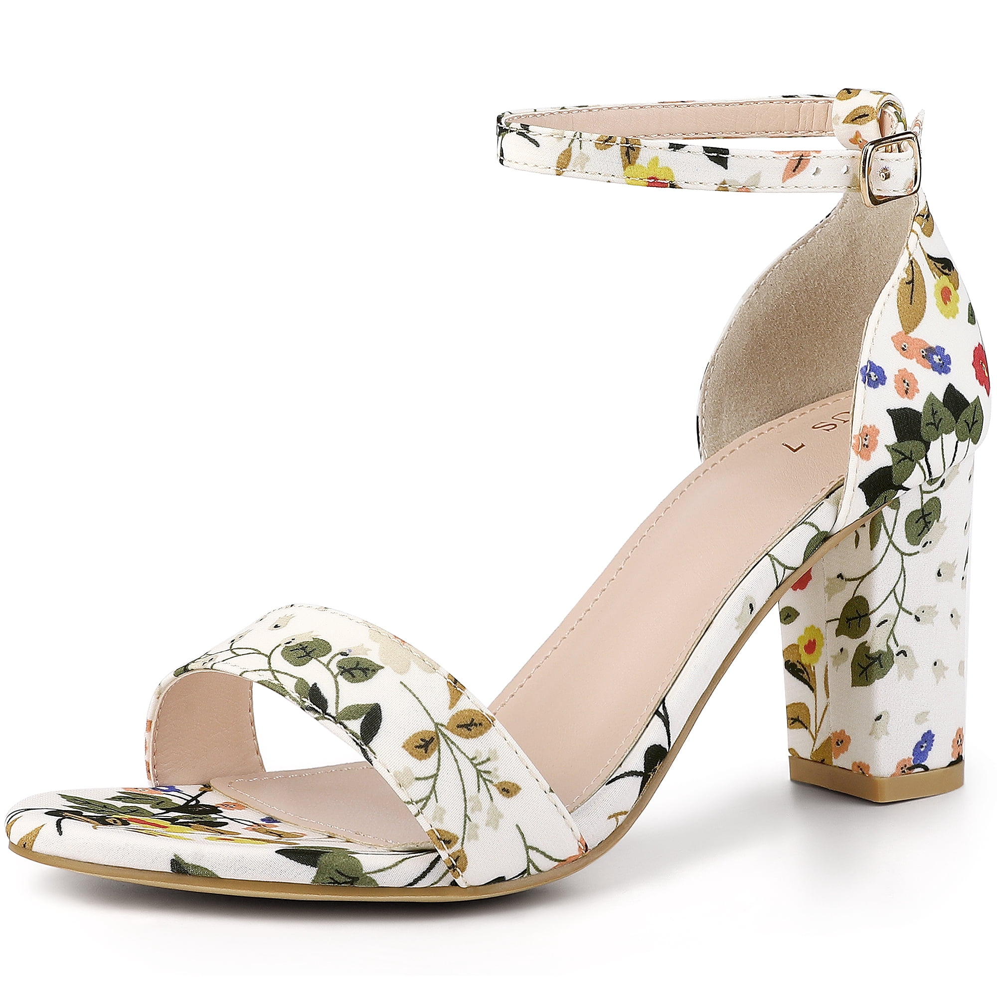 DARING DIVA Women's Floral Open Toe Ankle Strap Chunky Heel Sandals White 8