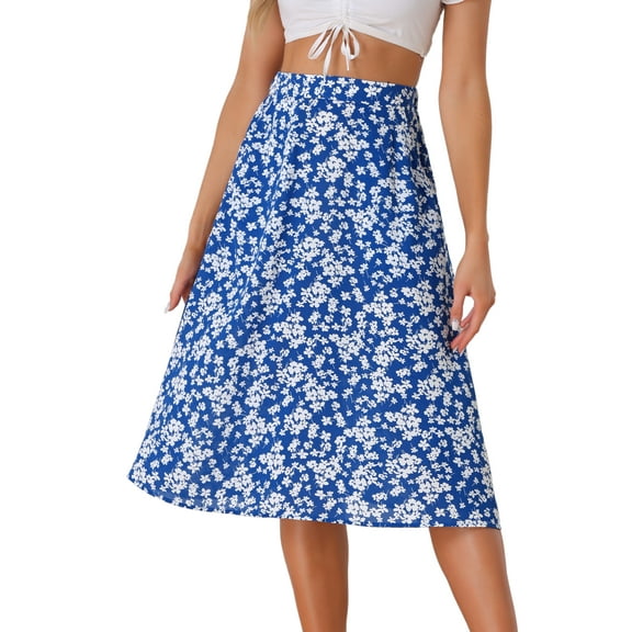 DARING DIVA Women's Floral Print A-Line Midi Skirt Skirts L Blue White