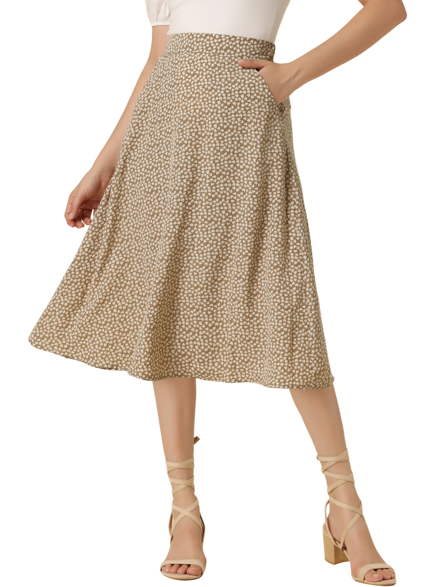 DARING DIVA Women's Floral Print A-Line Midi Skirt Skirts L Khaki