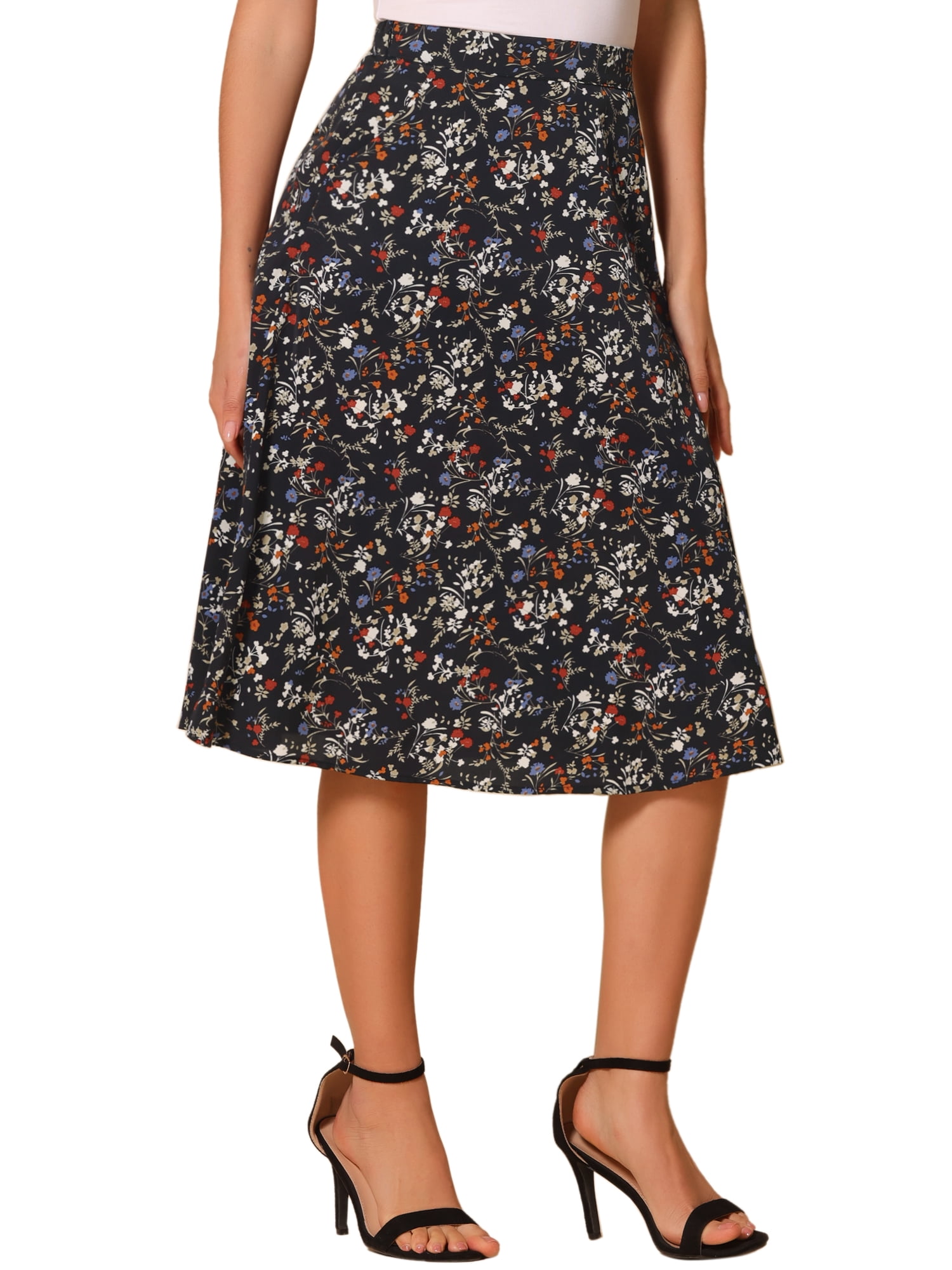 DARING DIVA Women's Floral Print A-Line Midi Skirt Skirts S Black Red