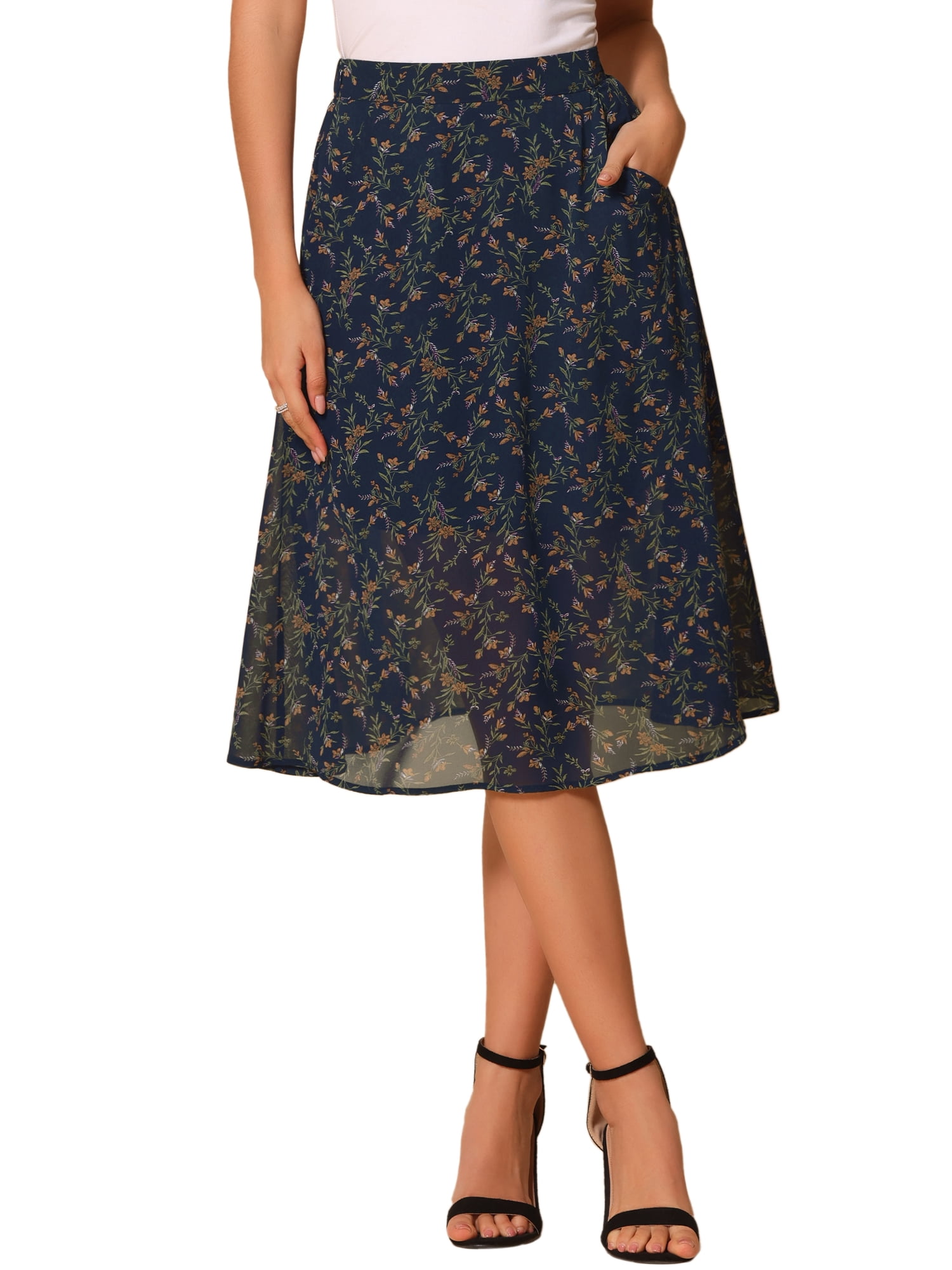 DARING DIVA Women's Floral Print A-Line Midi Skirt Skirts S Navy Blue