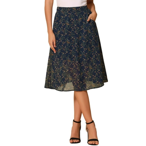 DARING DIVA Women's Floral Print A-Line Midi Skirt Skirts S Navy Blue