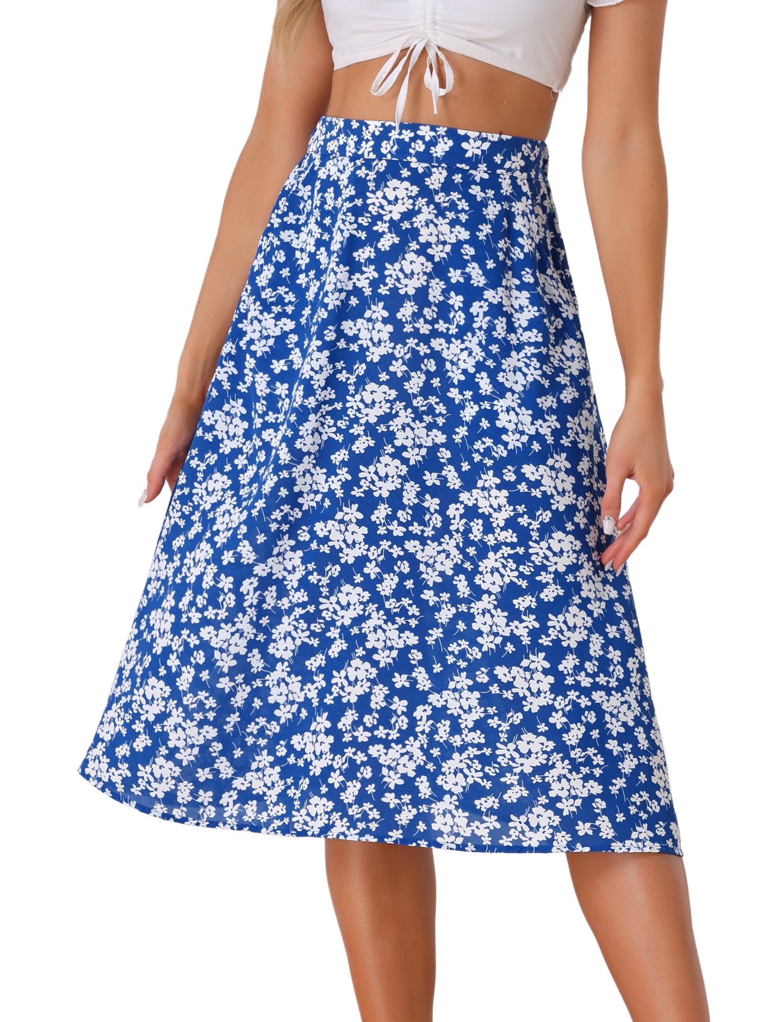DARING DIVA Women's Floral Print A-Line Midi Skirt Skirts XL Blue White