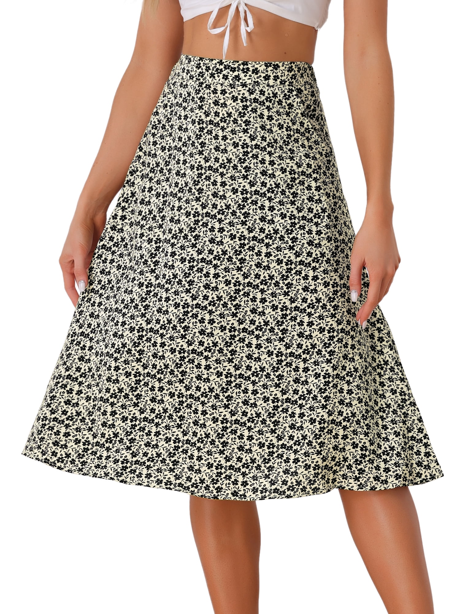 DARING DIVA Women's Floral Print A-Line Midi Skirt Skirts XS Apricot Black