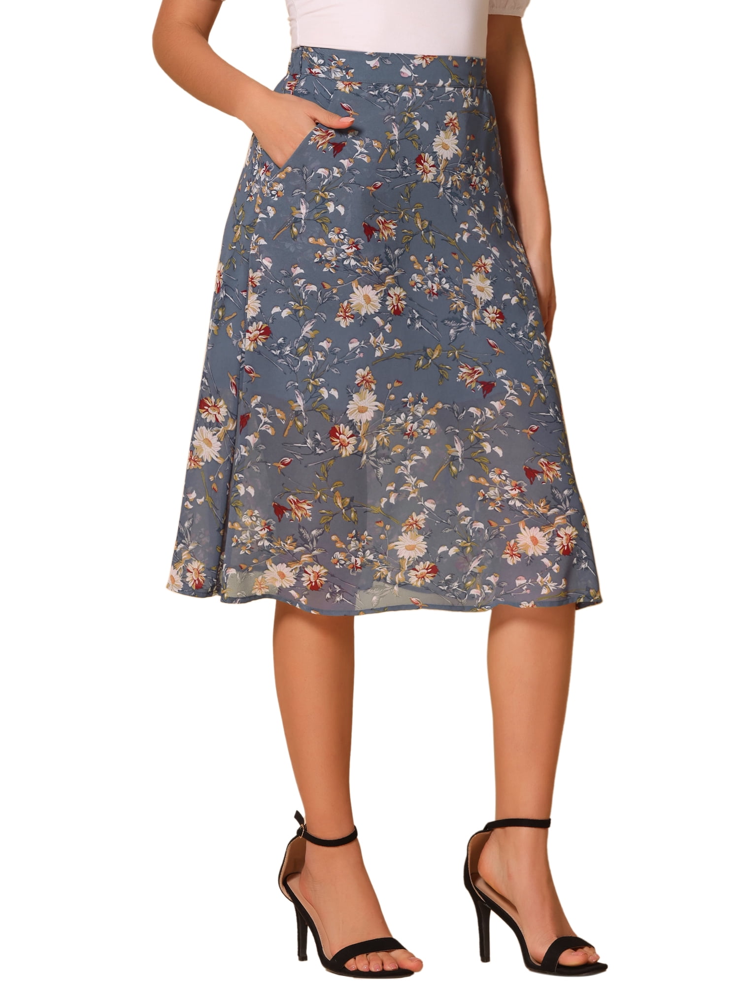 DARING DIVA Women's Floral Print A-Line Midi Skirt Skirts XS Gray Blue