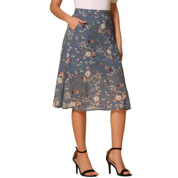DARING DIVA Women's Floral Print A-Line Midi Skirt Skirts XS Gray Blue