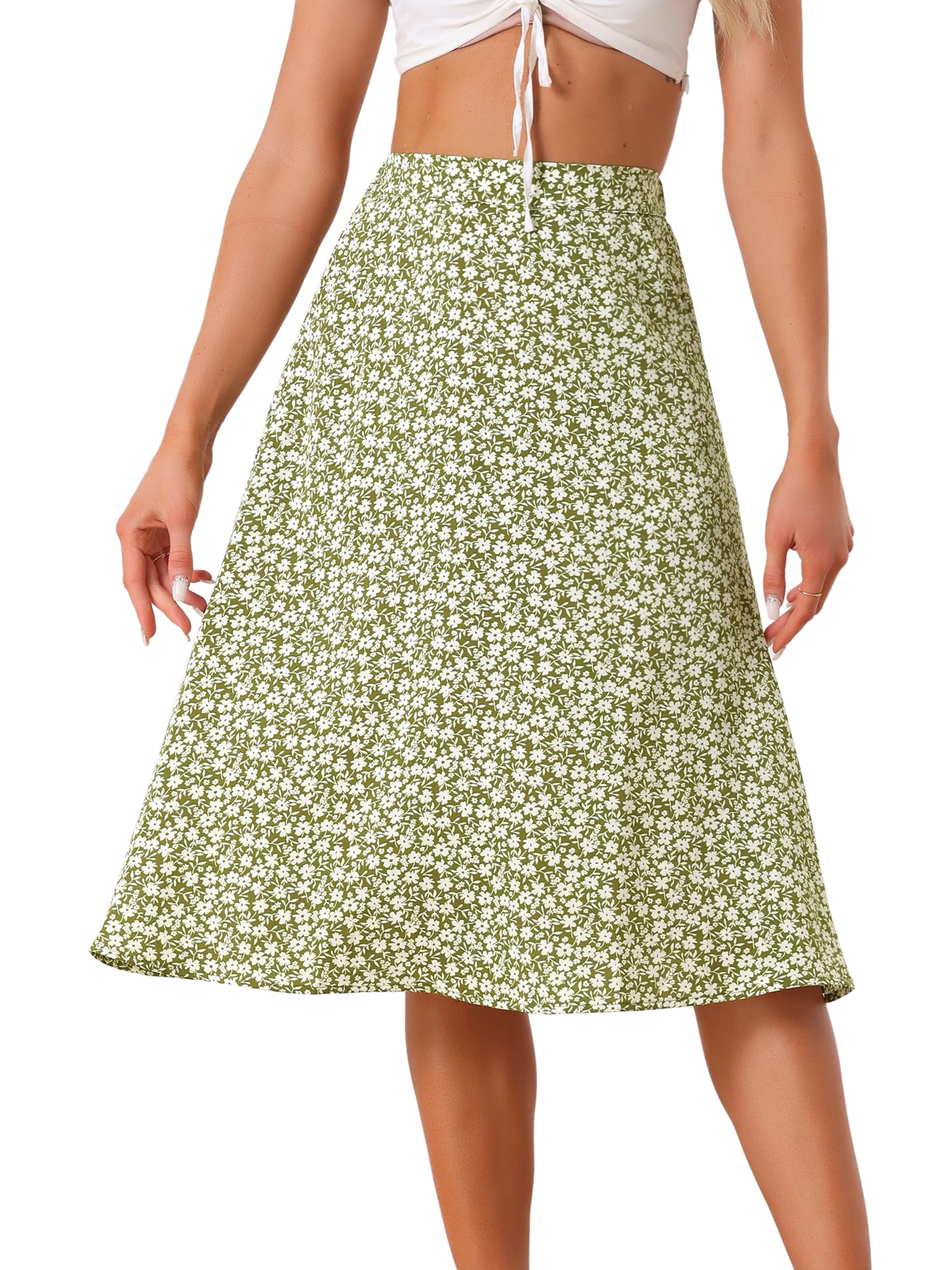 DARING DIVA Women's Floral Print A-Line Midi Skirt Skirts XS Green White