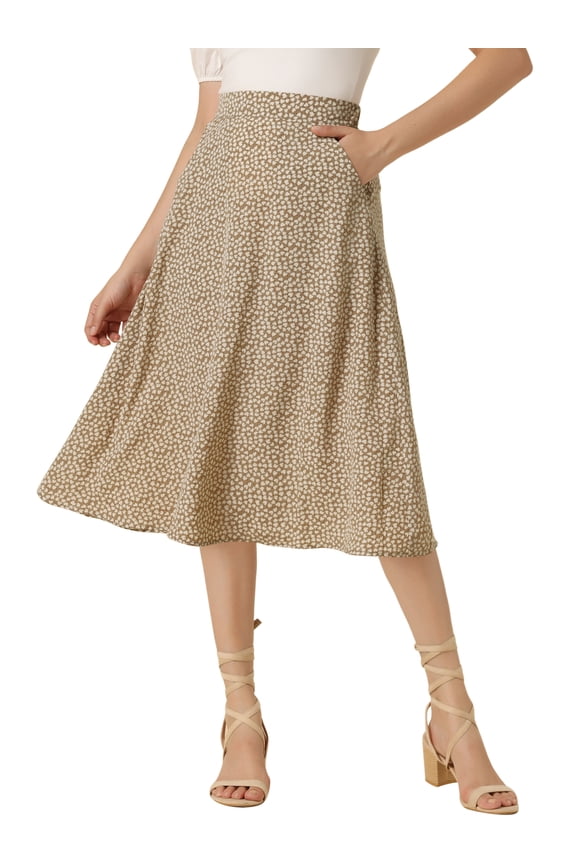 Women's Floral Print A-Line Midi Skirt Skirts XS Khaki
