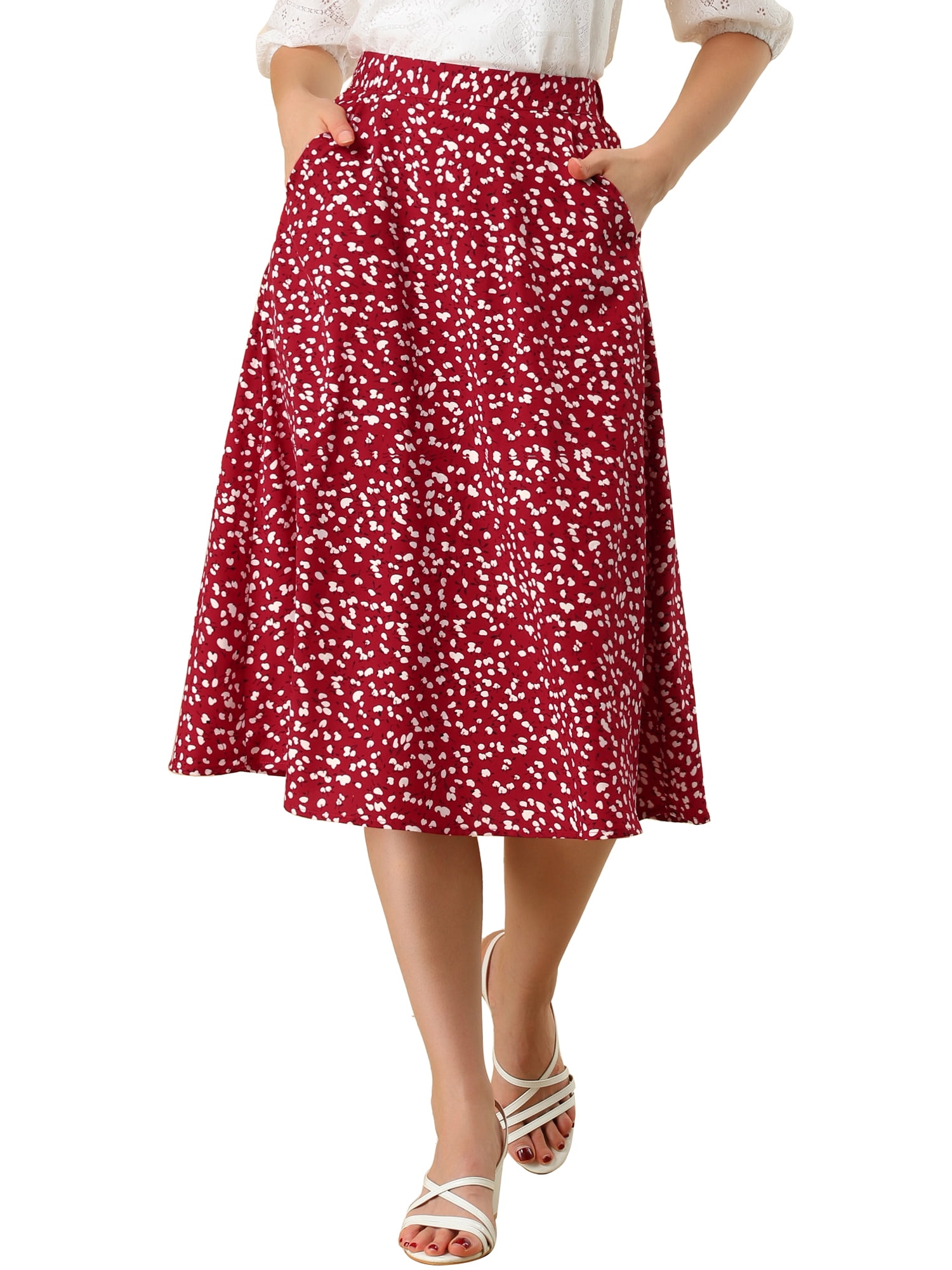 DARING DIVA Women's Floral Print A-Line Midi Skirt Skirts XS Red