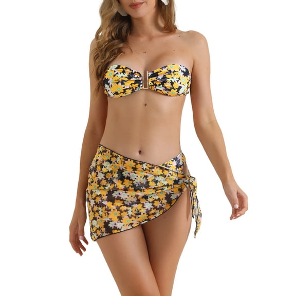DARING DIVA Women's Floral Print Bandeau Bikini Sets 3 Pieces M Yellow