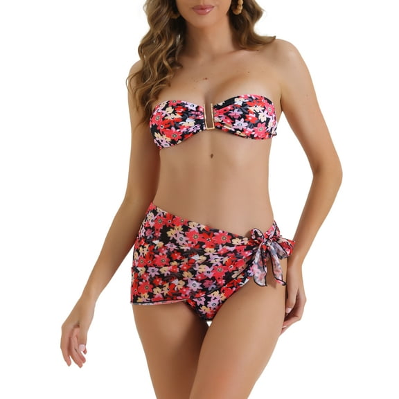DARING DIVA Women's Floral Print Bandeau Bikini Sets 3 Pieces XS Red