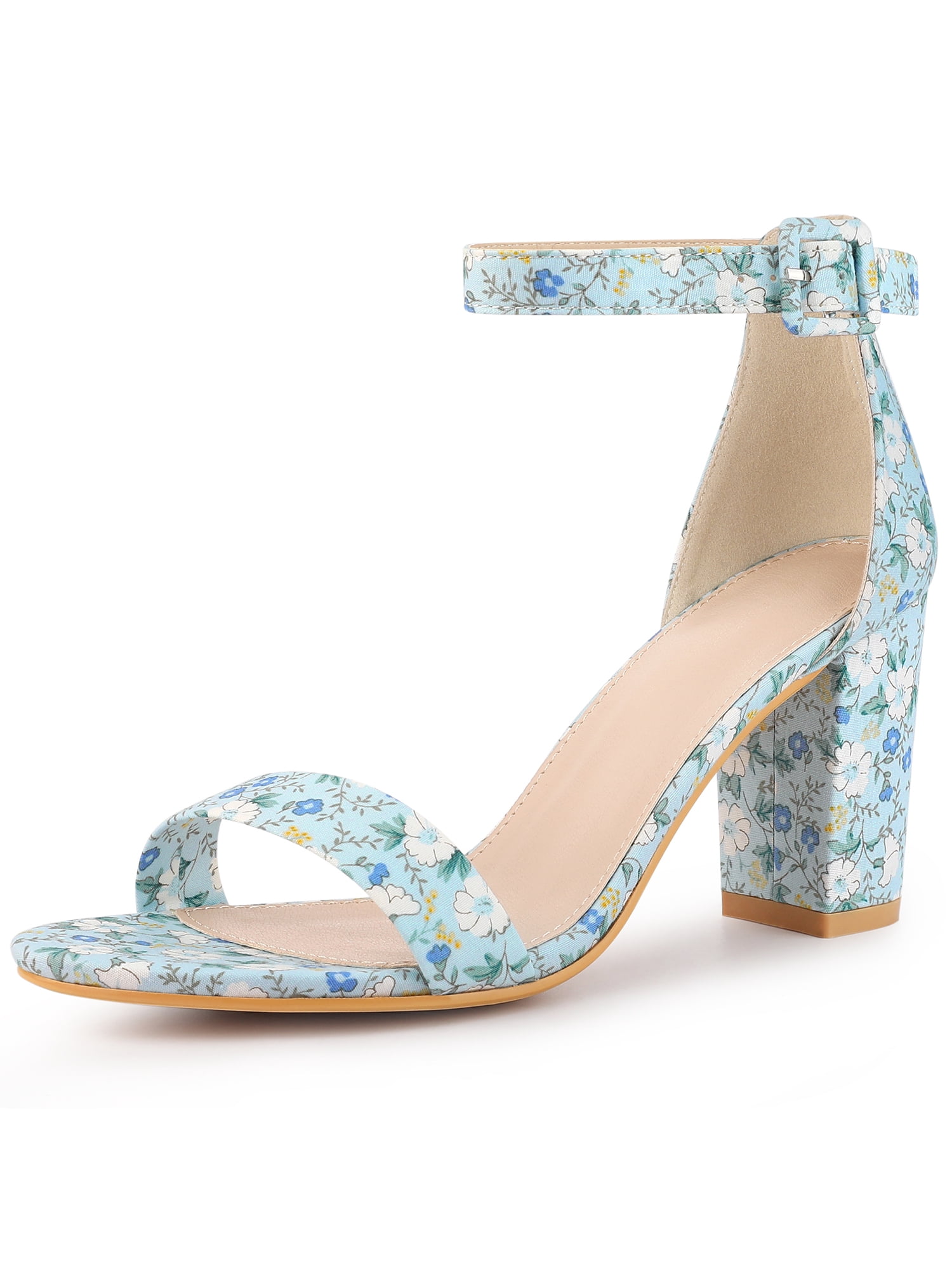 DARING DIVA Women's Floral Print Open Toe Block High Heels Red Sandals 6.5 Blue Flower