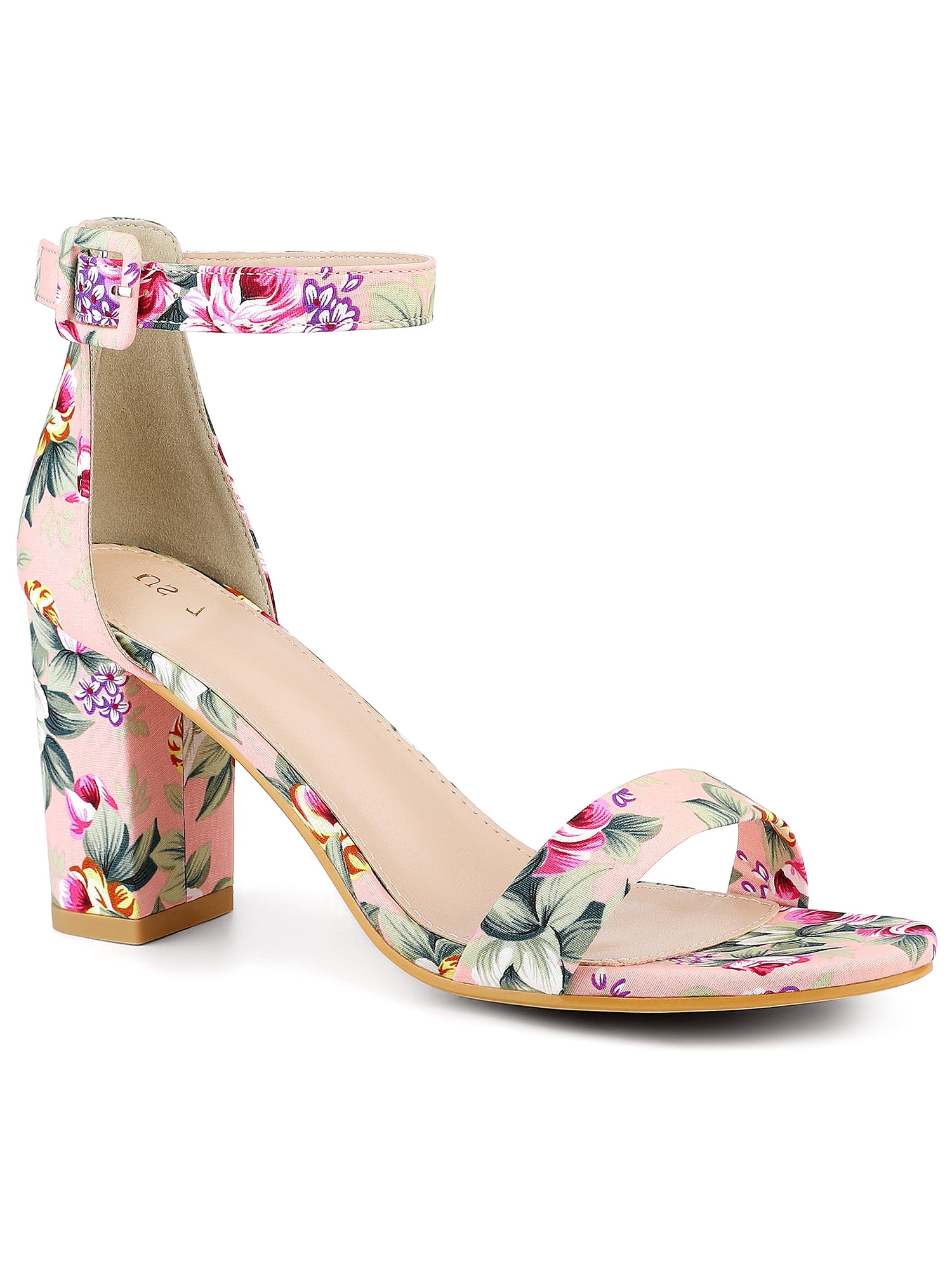 DARING DIVA Women's Floral Print Open Toe Block High Heels Red Sandals 7 Pink Flowers