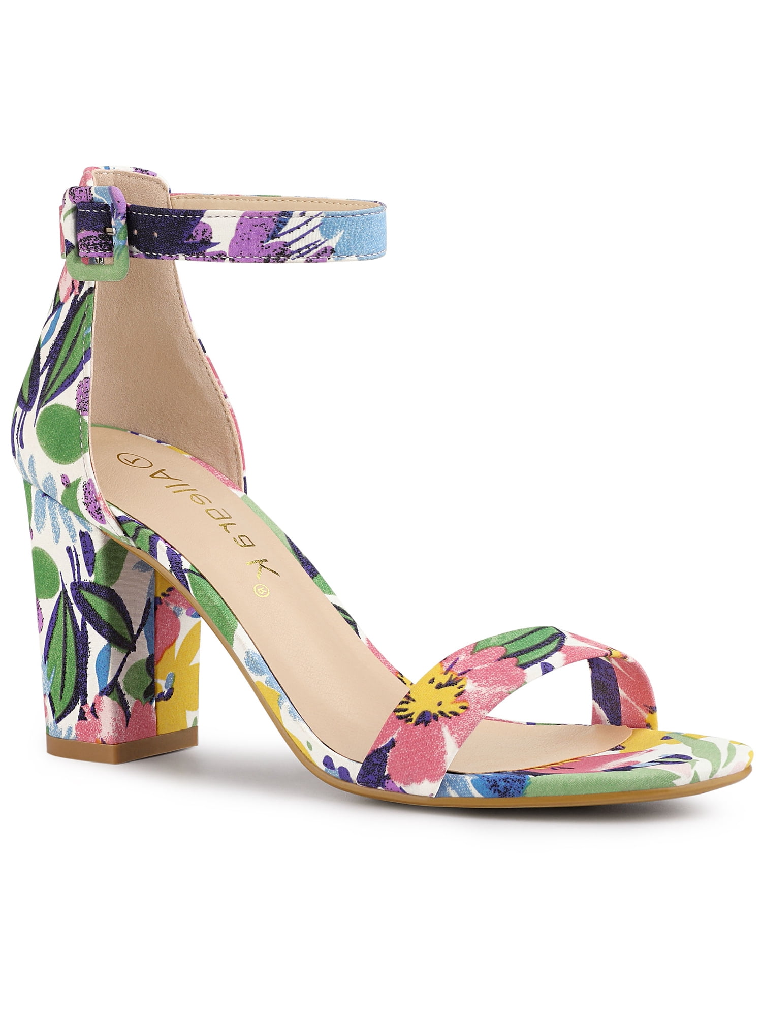 DARING DIVA Women's Floral Print Open Toe Block High Heels Red Sandals 8 Blue White