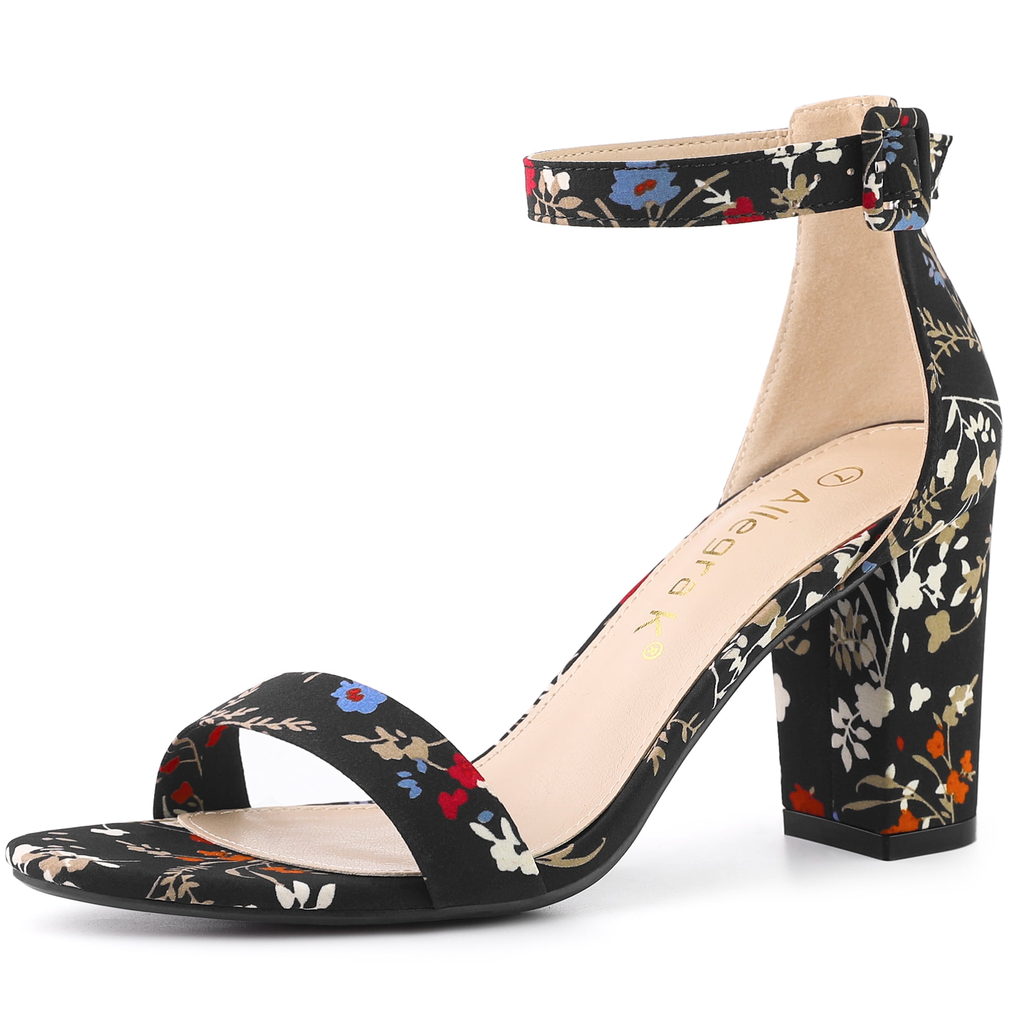 DARING DIVA Women's Floral Print Open Toe Block High Heels Red Sandals 9 Black Flower