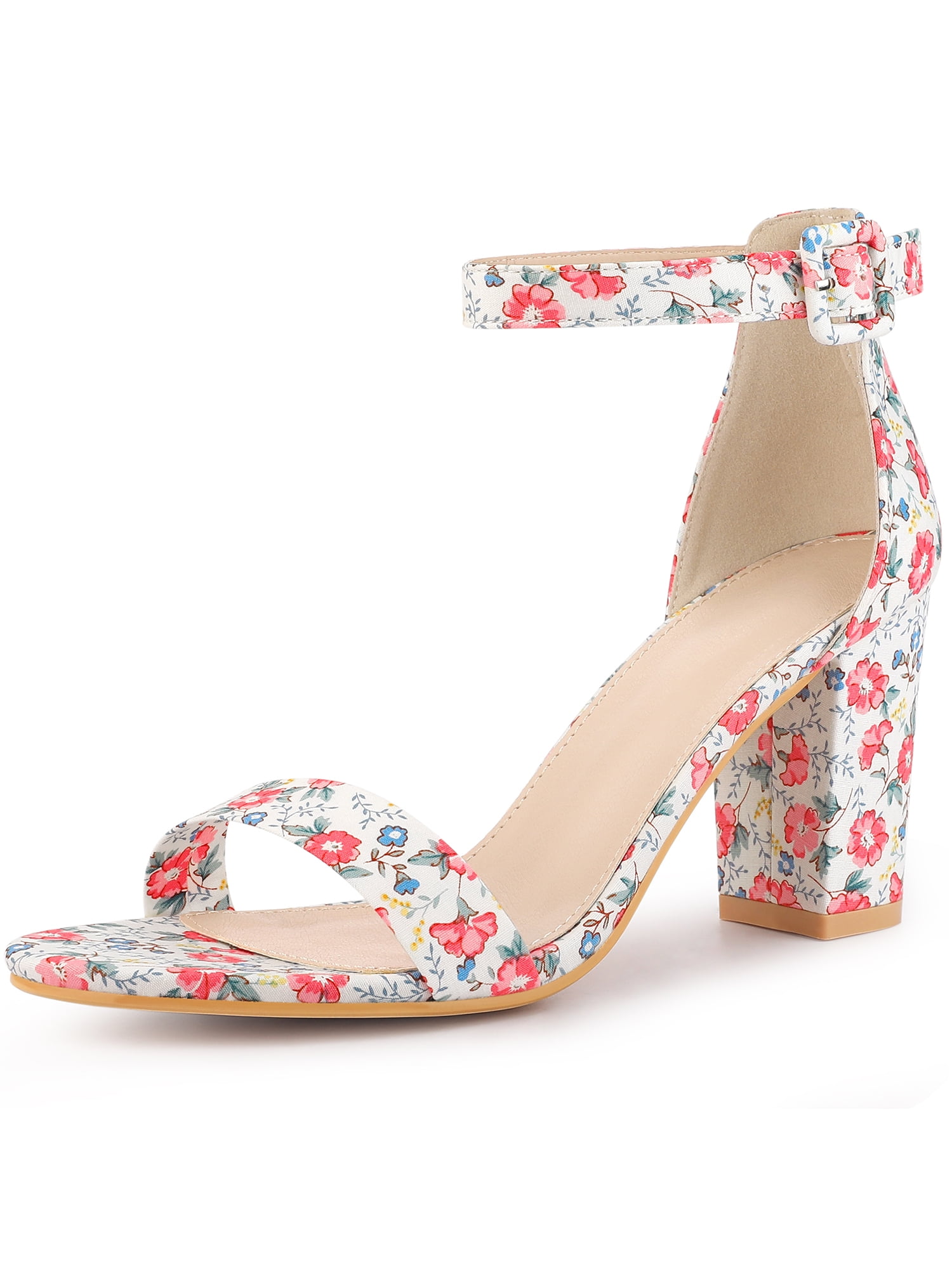 DARING DIVA Women's Floral Print Open Toe Block High Heels Red Sandals 9 Red White