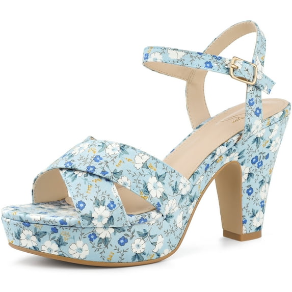 DARING DIVA Women's Floral Print Platform Block Heels SandalsBlue 8.5