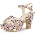 thumbnail image 1 of DARING DIVA Women's Floral Print Platform Block Heels SandalsPink 7, 1 of 5