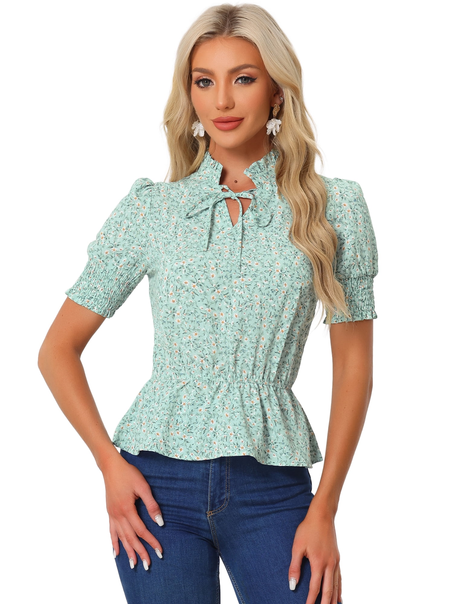 DARING DIVA Women's Floral Print Tie Neck Ruffle Short Sleeve Tops L Green
