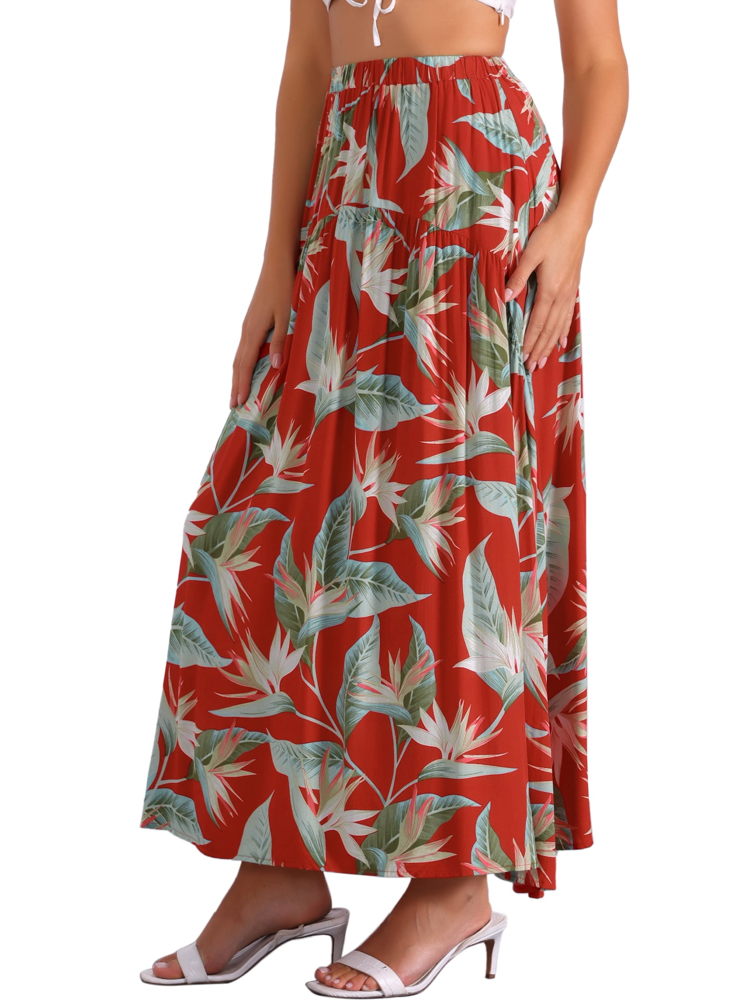 DARING DIVA Women's Floral Printing Elastic Bohemian Beach Maxi Skirts S Red
