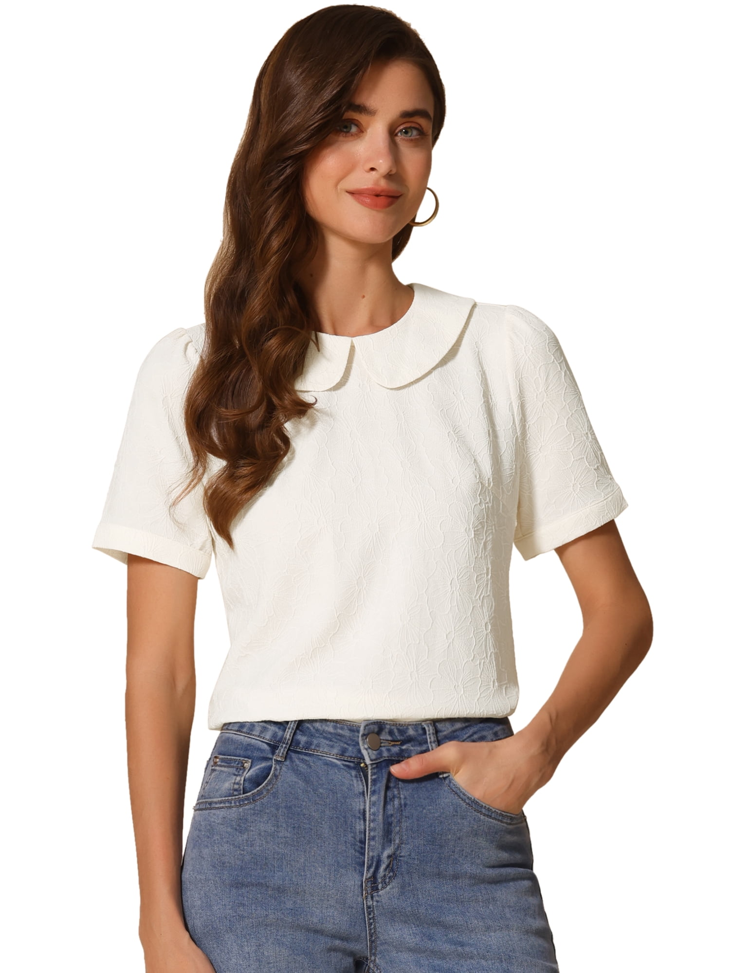 DARING DIVA Women's Floral Puff Short Sleeve Peter Pan Collar Blouses M Apricot